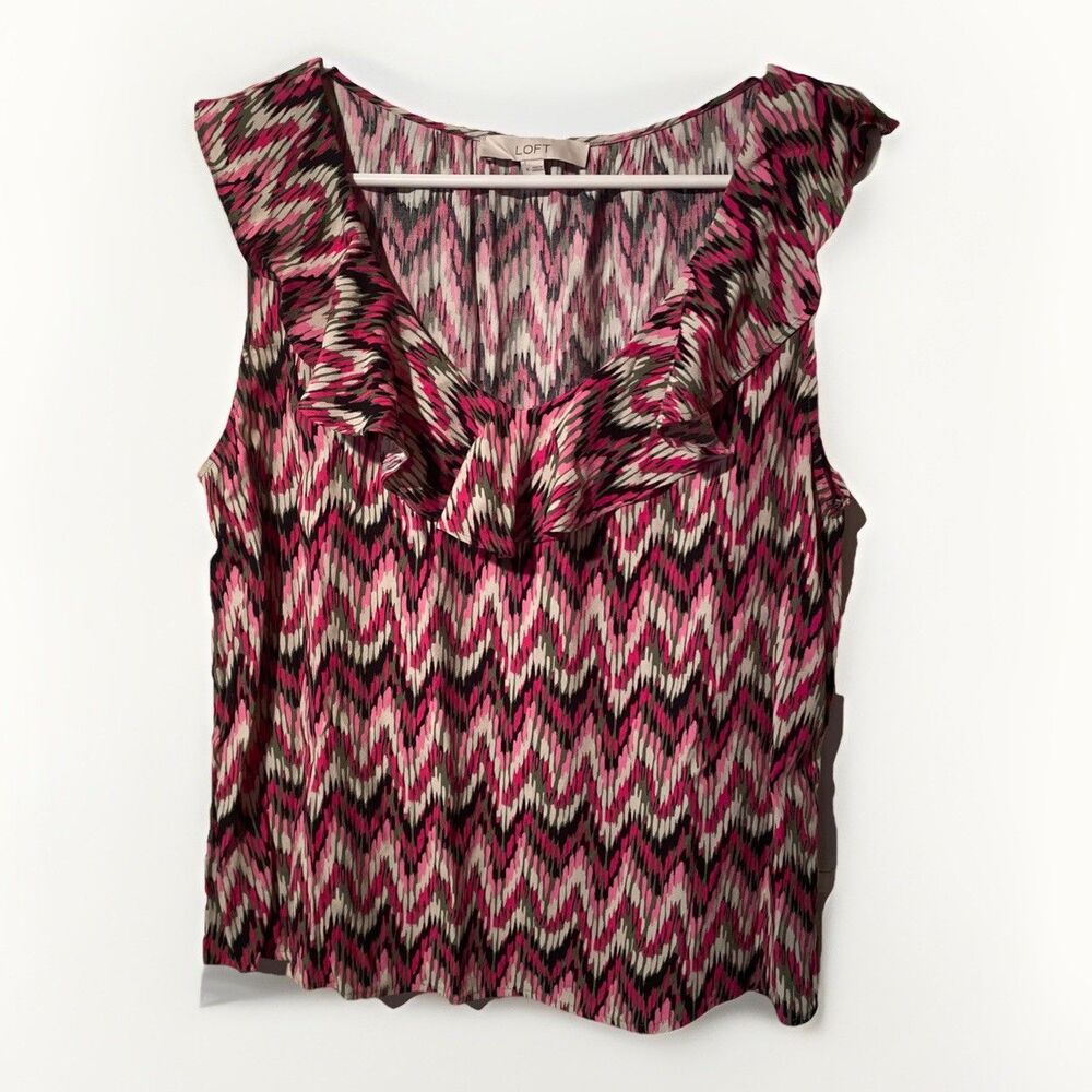 Loft Tank Top Women's Medium V-Neck Ruffle Sleeveless Printed Casual Shirt